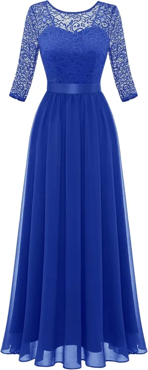 BeryLove Women Long Sleeve Formal Party Dress Lace Wedding Guest Maxi Dresses Elegant Cocktail Evening Gowns