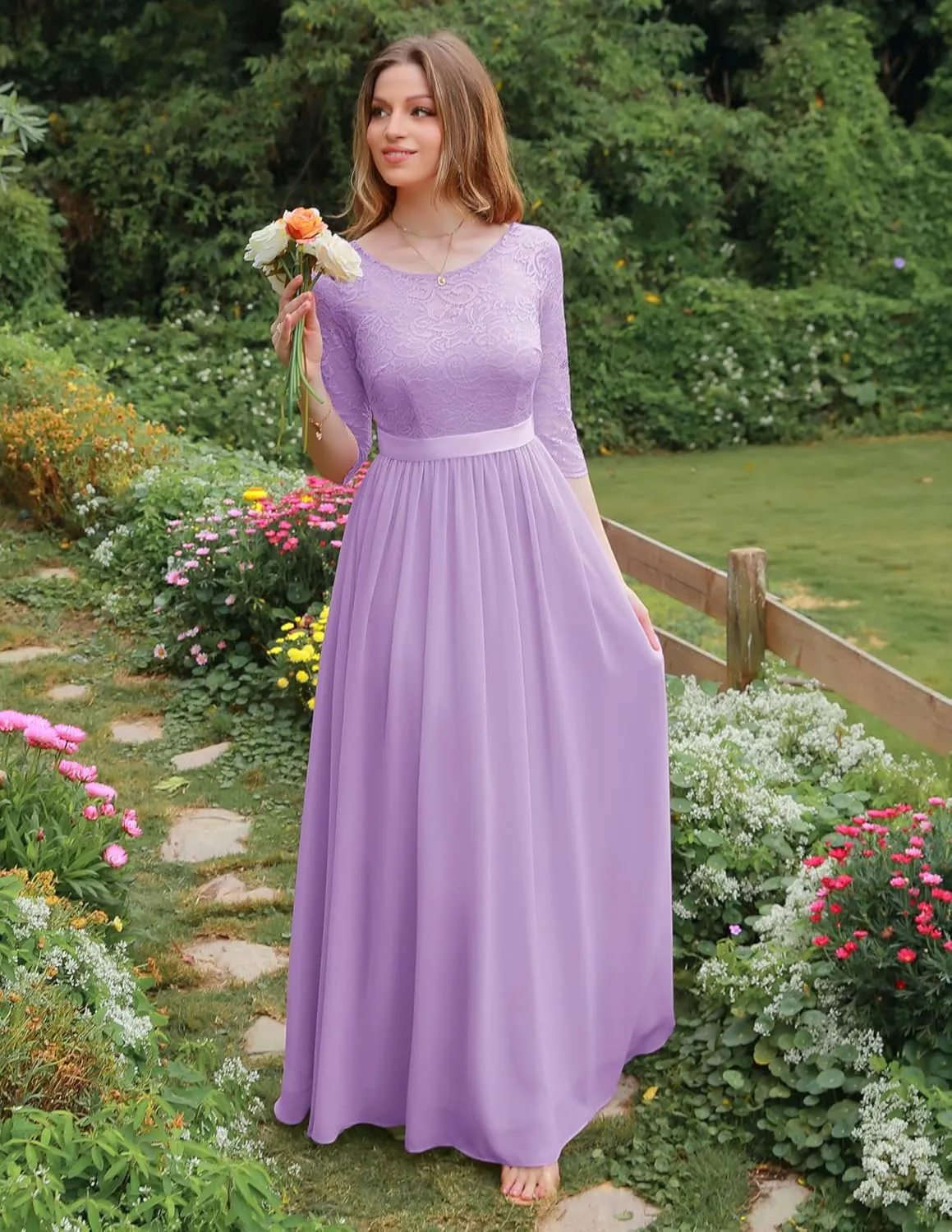 BeryLove Women Long Sleeve Formal Party Dress Lace Wedding Guest Maxi Dresses Elegant Cocktail Evening Gowns