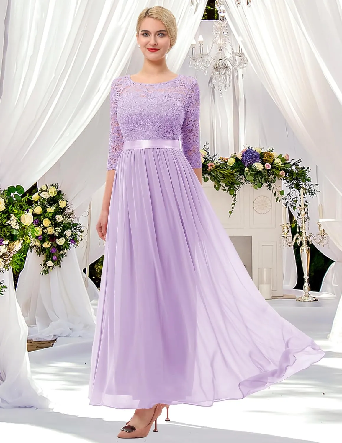 BeryLove Women Long Sleeve Formal Party Dress Lace Wedding Guest Maxi Dresses Elegant Cocktail Evening Gowns