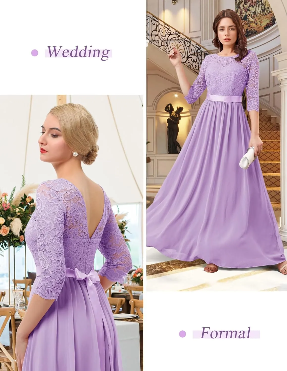 BeryLove Women Long Sleeve Formal Party Dress Lace Wedding Guest Maxi Dresses Elegant Cocktail Evening Gowns