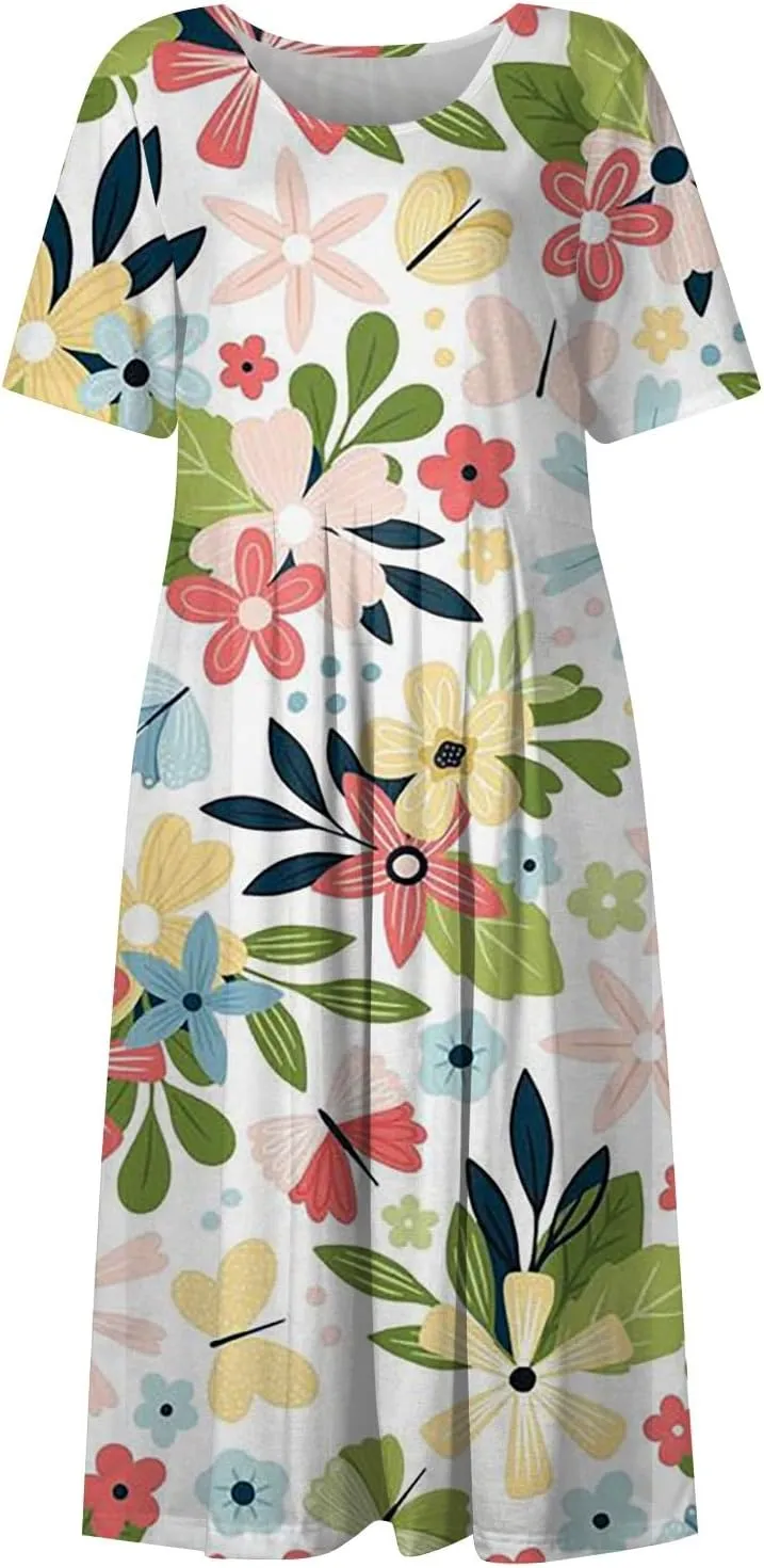 Bohemian Summer Midi Cover Up Women Short Sleeve Prom Graphic Cotton Crewneck Pocket Loose Fit Soft Pullover.