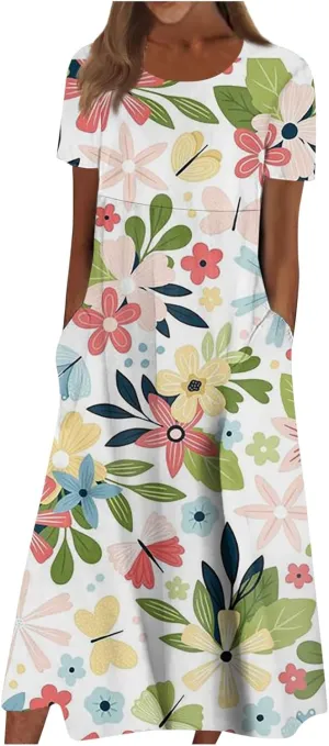 Bohemian Summer Midi Cover Up Women Short Sleeve Prom Graphic Cotton Crewneck Pocket Loose Fit Soft Pullover.