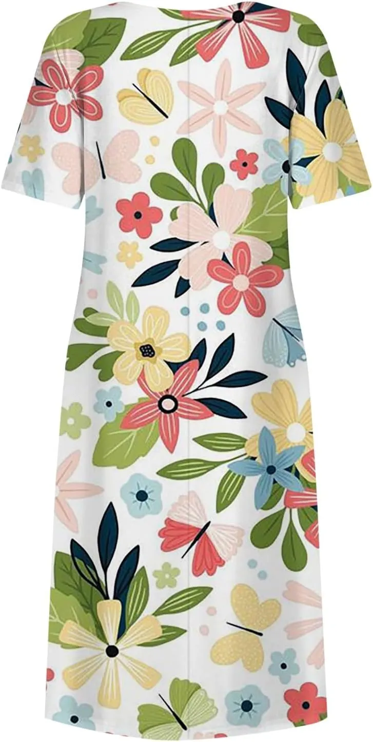 Bohemian Summer Midi Cover Up Women Short Sleeve Prom Graphic Cotton Crewneck Pocket Loose Fit Soft Pullover.