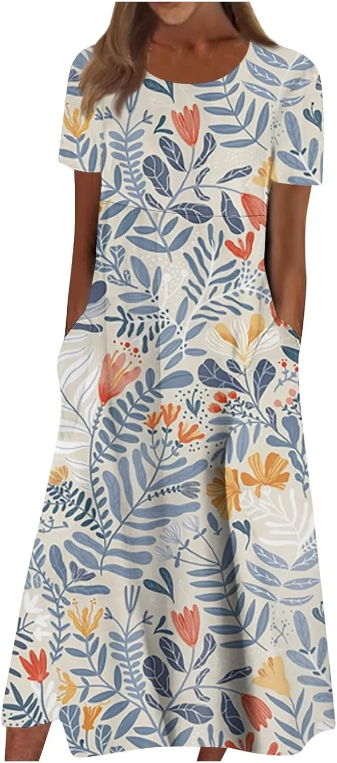 Bohemian Summer Midi Cover Up Women Short Sleeve Prom Graphic Cotton Crewneck Pocket Loose Fit Soft Pullover.