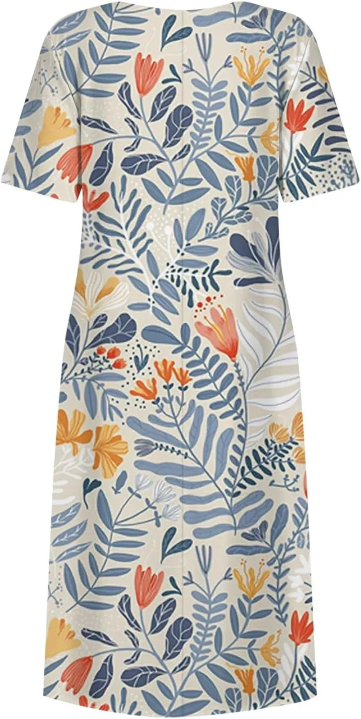 Bohemian Summer Midi Cover Up Women Short Sleeve Prom Graphic Cotton Crewneck Pocket Loose Fit Soft Pullover.