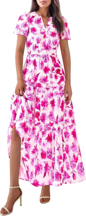 Boho Dresses for Women,2025 Summer Trendy Floral Beach Vacation Dress,Elegant V Neck Cap Sleeve Flowy Midi Dress