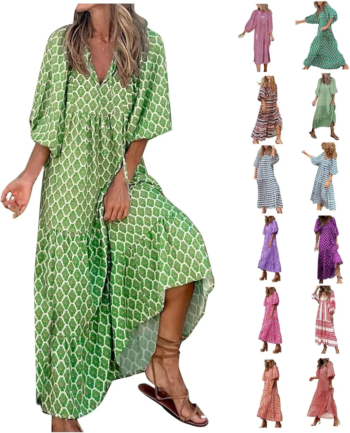 Boho Maxi Dresses for Women 2025 Summer Casual Loose Fit Long Beach Dress Half Sleeve V Neck Flowy Tiered Sundresses