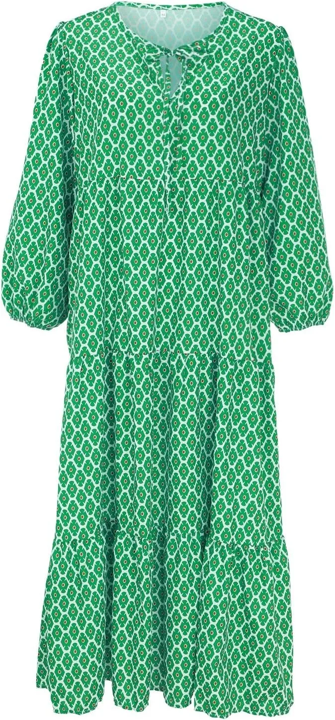 Boho Maxi Dresses for Women 2025 Summer Casual Loose Fit Long Beach Dress Half Sleeve V Neck Flowy Tiered Sundresses