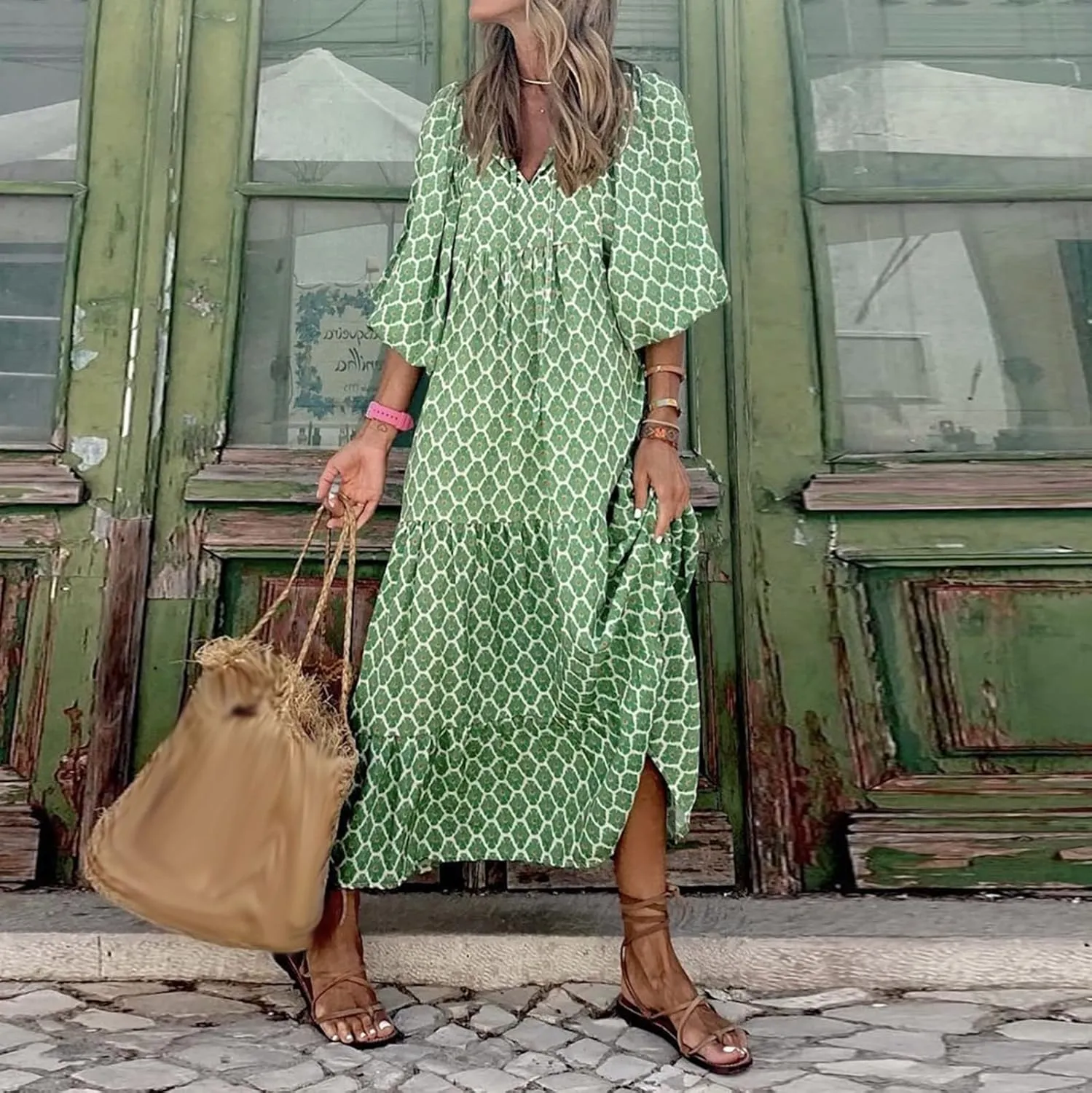 Boho Maxi Dresses for Women 2025 Summer Casual Loose Fit Long Beach Dress Half Sleeve V Neck Flowy Tiered Sundresses