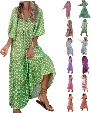 Boho Maxi Dresses for Women 2025 Summer Casual Loose Fit Long Beach Dress Half Sleeve V Neck Flowy Tiered Sundresses