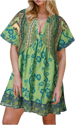 Boho Mini Dresses for Women Summer Y2K Casual Short Sleeve Beach Sexy Deep V Neck Ruffle Floral Flowy Babydoll Dress