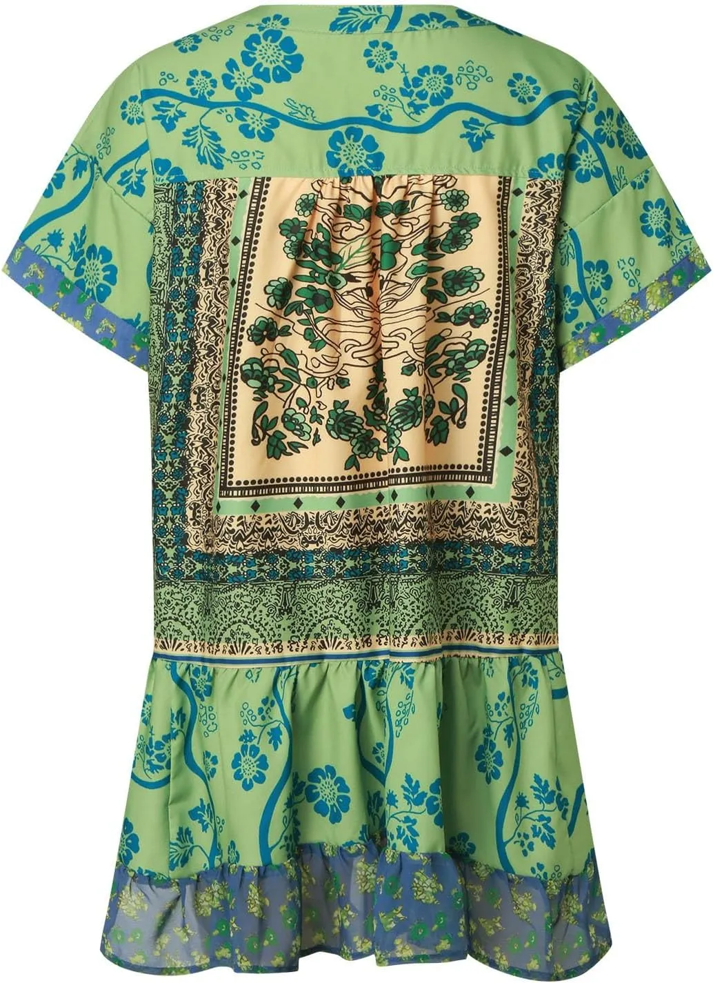 Boho Mini Dresses for Women Summer Y2K Casual Short Sleeve Beach Sexy Deep V Neck Ruffle Floral Flowy Babydoll Dress