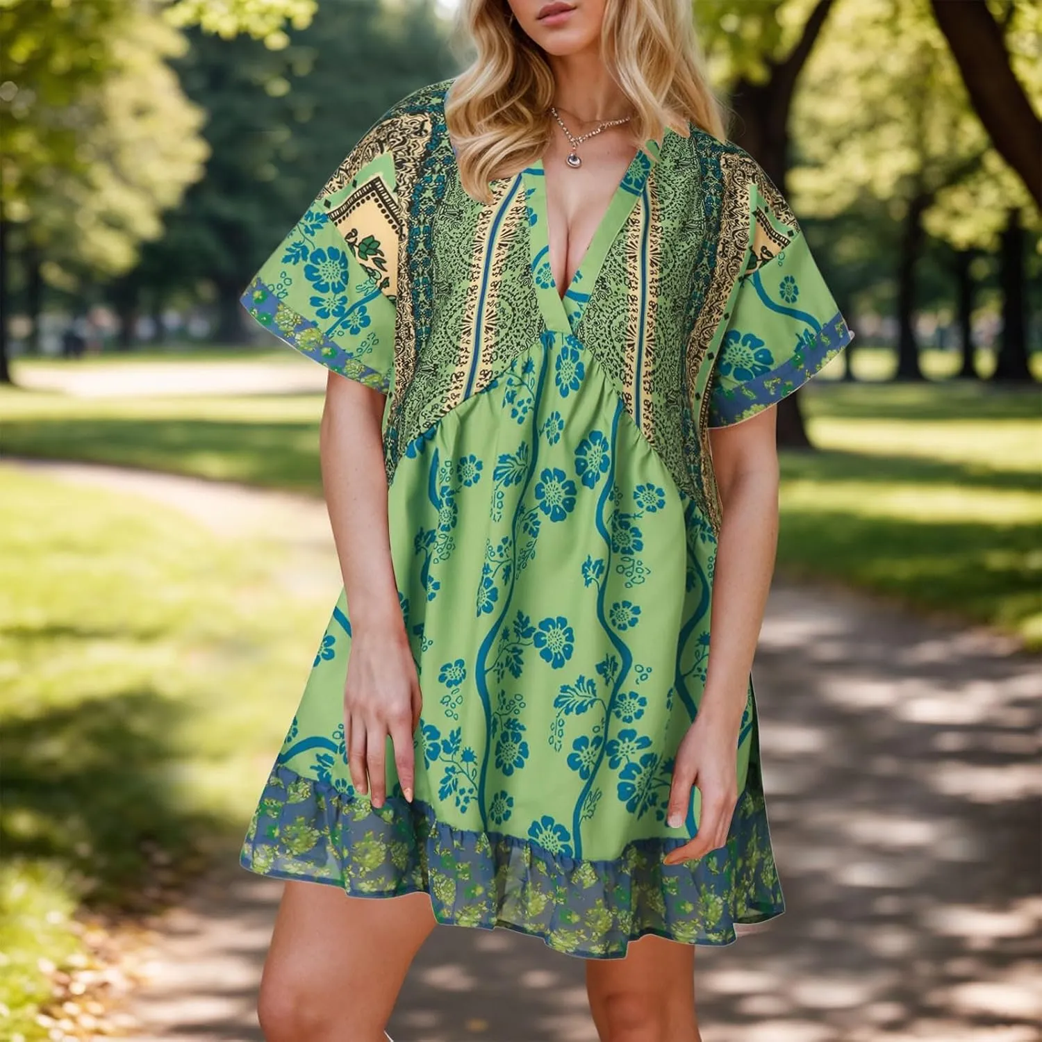 Boho Mini Dresses for Women Summer Y2K Casual Short Sleeve Beach Sexy Deep V Neck Ruffle Floral Flowy Babydoll Dress