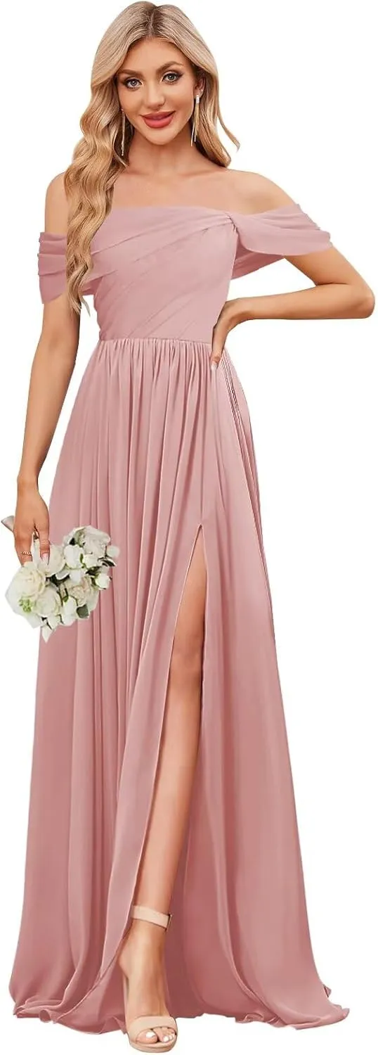 BOLENSYE Off The Shoulder Bridesmaid Dresses Long Chiffon Ruched A Line Evening Party Gown for Women with Slit