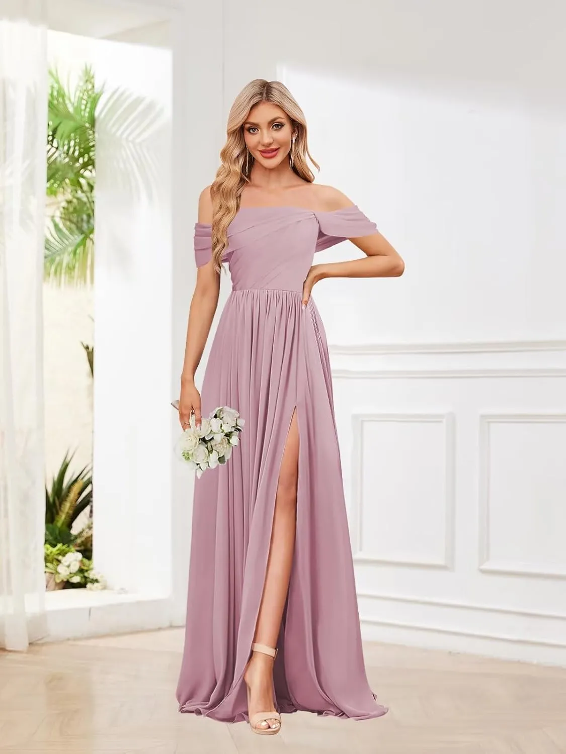 BOLENSYE Off The Shoulder Bridesmaid Dresses Long Chiffon Ruched A Line Evening Party Gown for Women with Slit