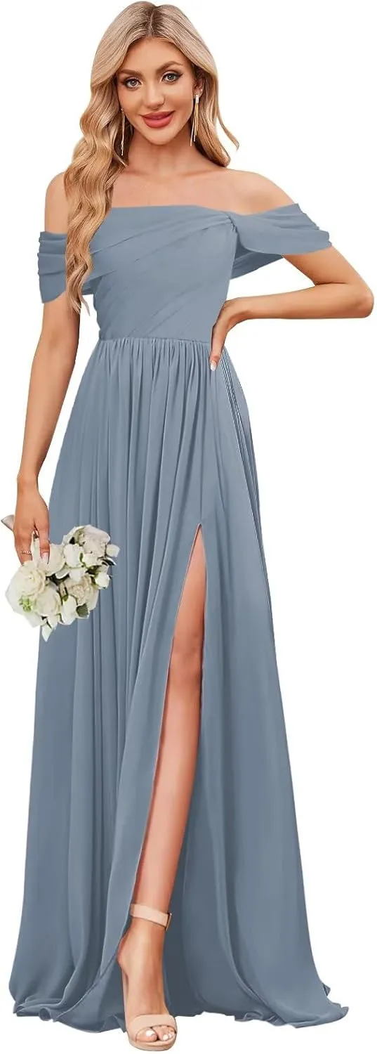 BOLENSYE Off The Shoulder Bridesmaid Dresses Long Chiffon Ruched A Line Evening Party Gown for Women with Slit