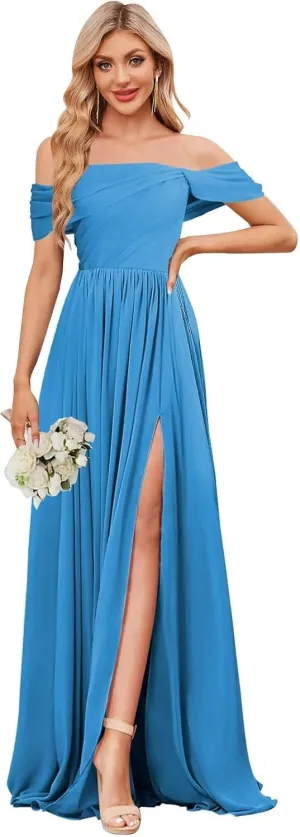 BOLENSYE Off The Shoulder Bridesmaid Dresses Long Chiffon Ruched A Line Evening Party Gown for Women with Slit
