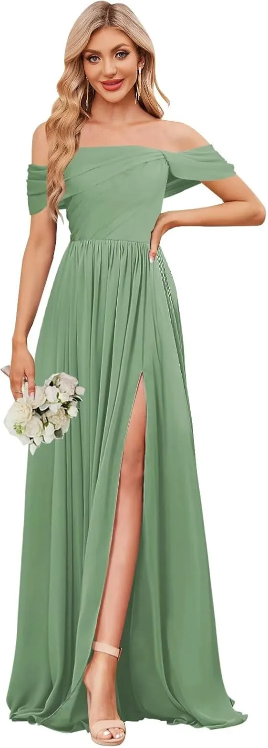 BOLENSYE Off The Shoulder Bridesmaid Dresses Long Chiffon Ruched A Line Evening Party Gown for Women with Slit