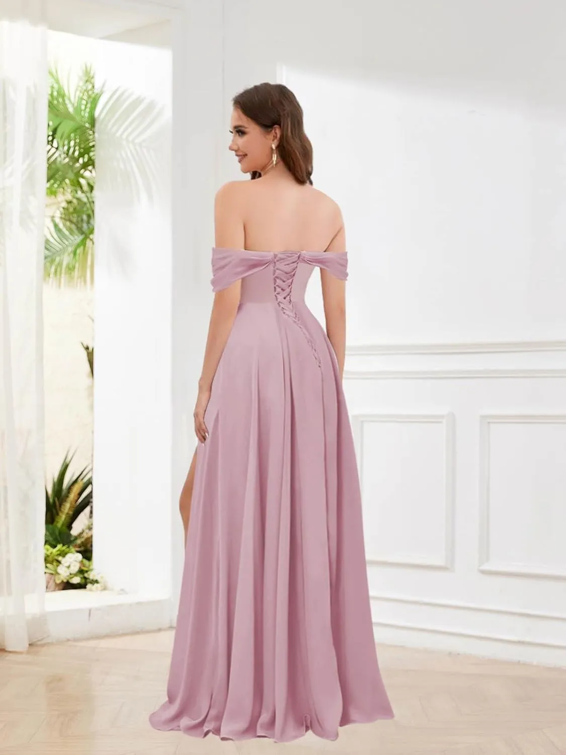 BOLENSYE Off The Shoulder Bridesmaid Dresses Long Chiffon Ruched A Line Evening Party Gown for Women with Slit