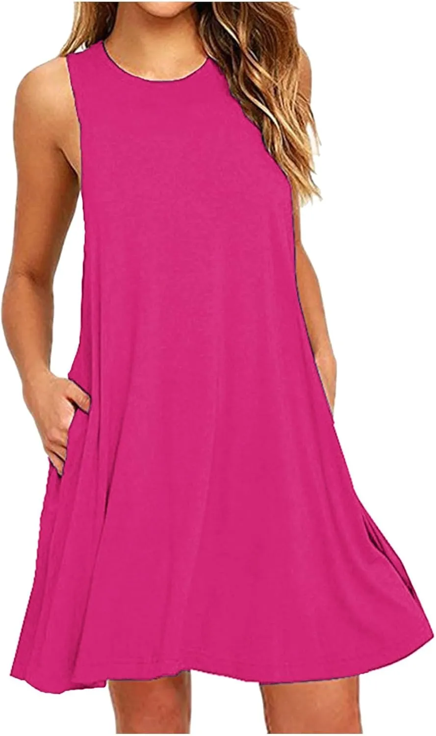Borniu Summer Dresses for Women 2024 Casual Beach Sleeveless Tank Dress Crewneck Swing T Shirt Dresses Pockets Loose Sundress