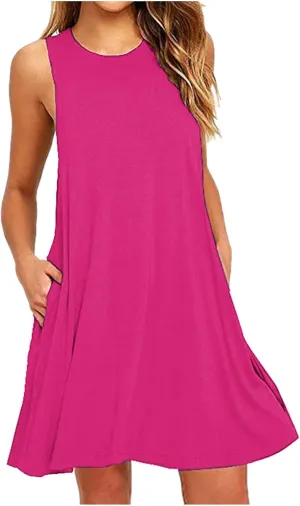 Borniu Summer Dresses for Women 2024 Casual Beach Sleeveless Tank Dress Crewneck Swing T Shirt Dresses Pockets Loose Sundress
