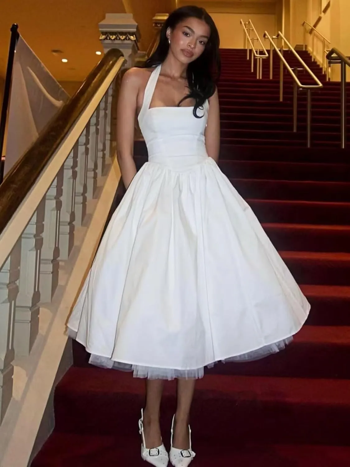 Bow Tea Length Prom Dresses for Women 2025 Satin Pleated Halter Cocktail Dress A Line Corset Formal Evening Party Gown