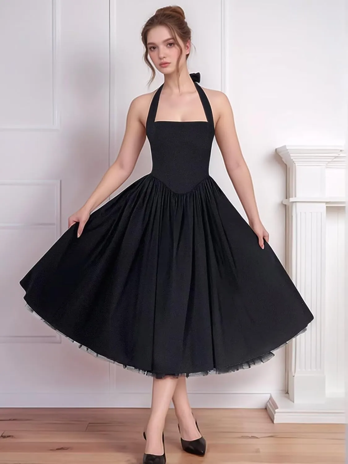 Bow Tea Length Prom Dresses for Women 2025 Satin Pleated Halter Cocktail Dress A Line Corset Formal Evening Party Gown