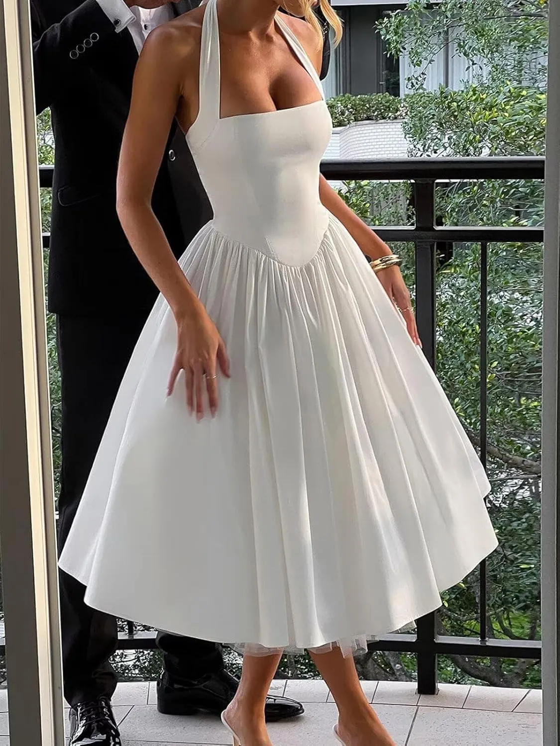 Bow Tea Length Prom Dresses for Women 2025 Satin Pleated Halter Cocktail Dress A Line Corset Formal Evening Party Gown