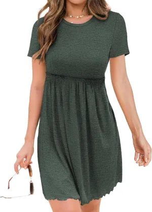 BTFBM Summer Dresses for Women 2025 Casual Spring Ribbed Knit Crewneck Short Sleeve Swing Vacation Beach Mini Dress