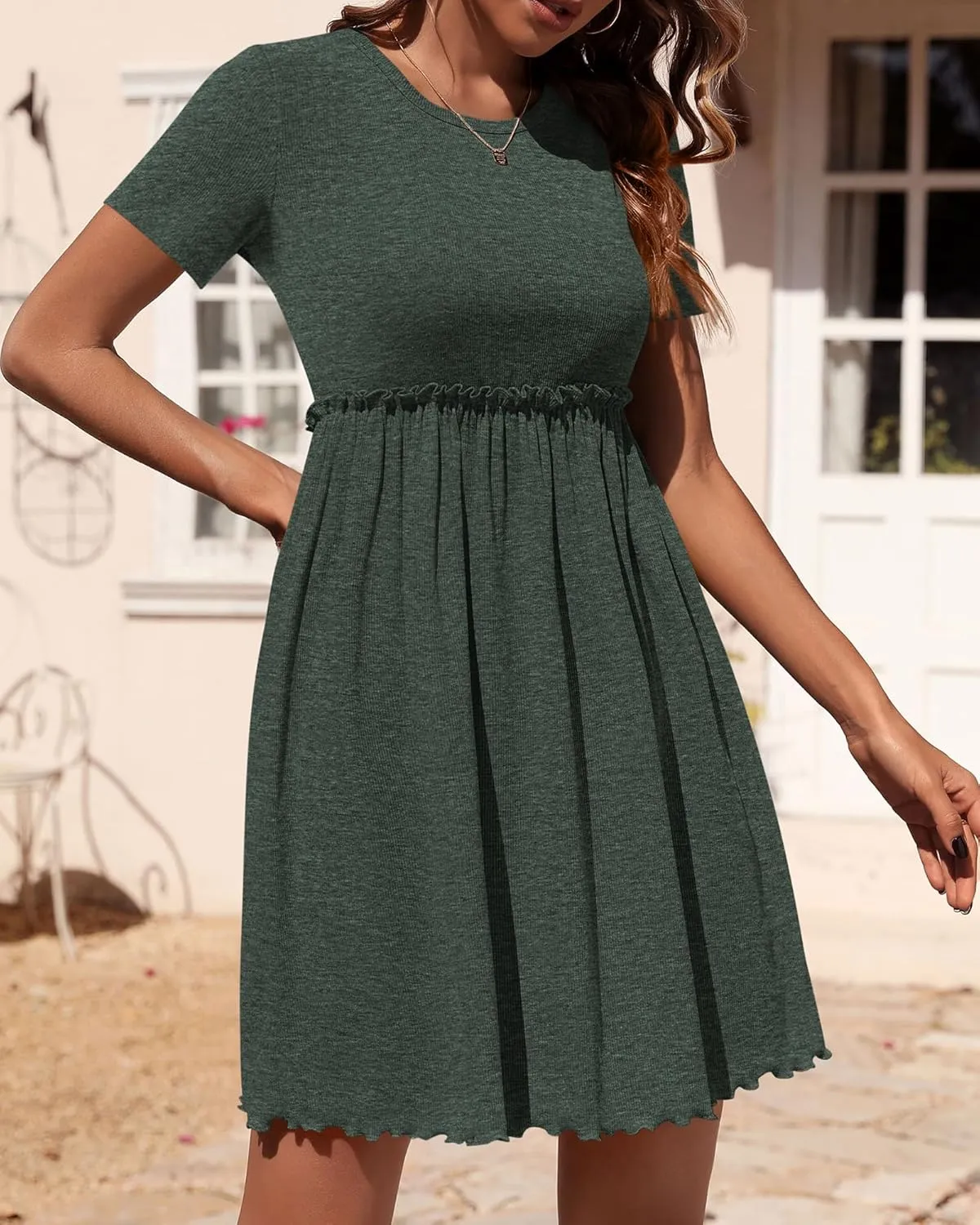BTFBM Summer Dresses for Women 2025 Casual Spring Ribbed Knit Crewneck Short Sleeve Swing Vacation Beach Mini Dress