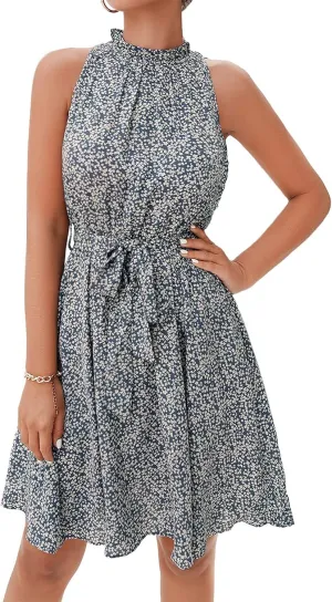 BTFBM Women Halter Neck Summer Dresses 2025 Spring Casual Sleeveless Floral Polka Dot Ruffle Mini Boho Beach Sun Dress