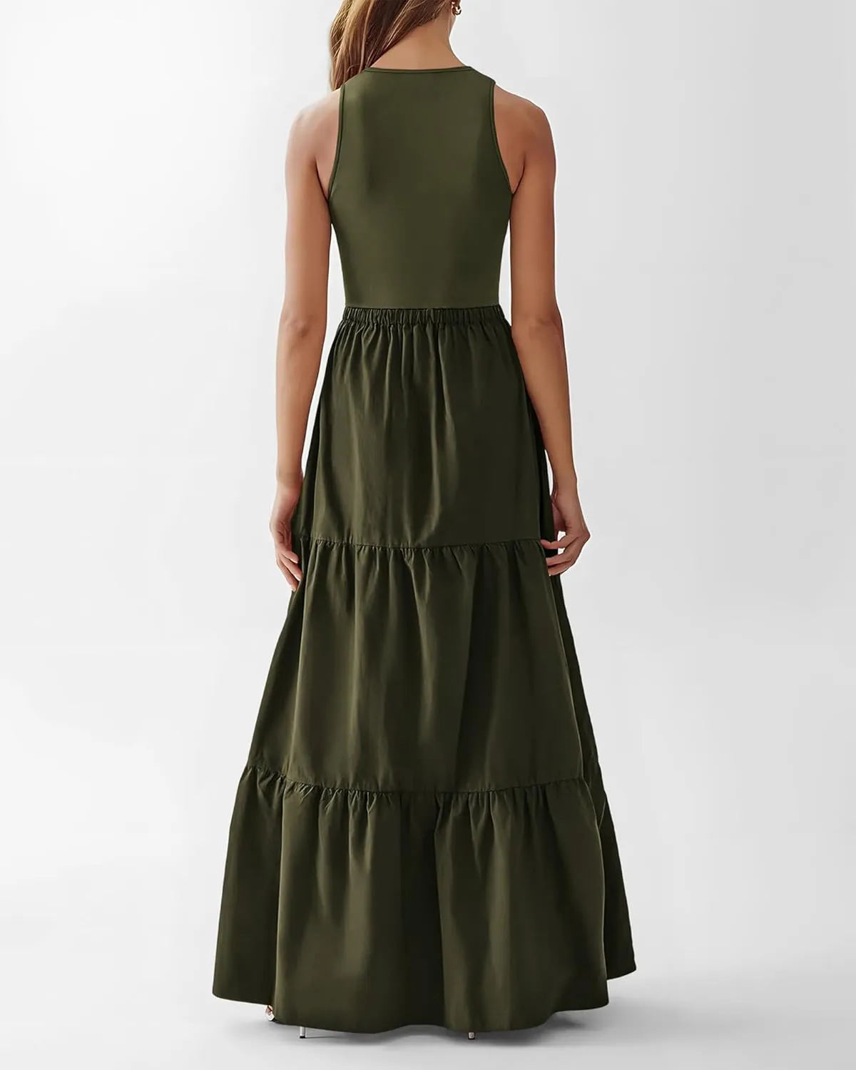 BTFBM Women Sleeveless Summer Dresses Wedding Guest Maxi Dresses Ribbed Knit Tops and Polyester Skirt with Pockets