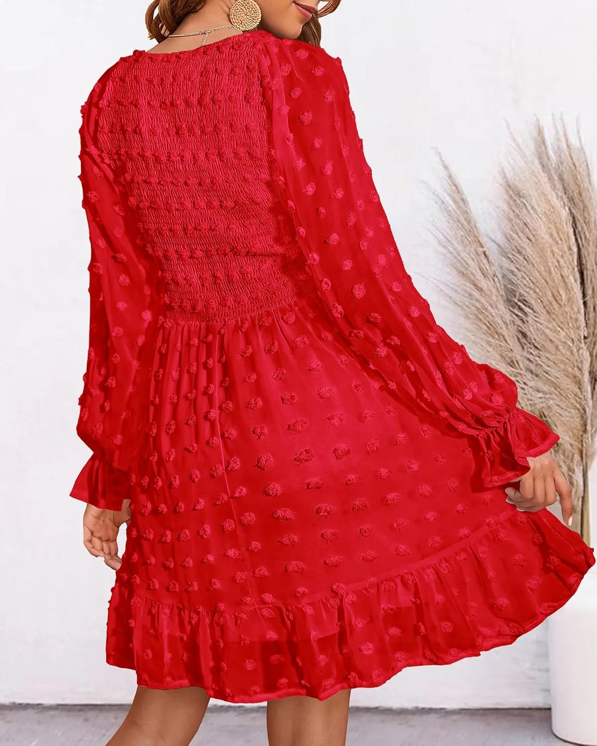 BTFBM Women Smocked Short Dress V Neck Long Sleeve Casual Swiss Dot Ruffle Chiffon Flowy Mini Summer Spring Dresses 2025