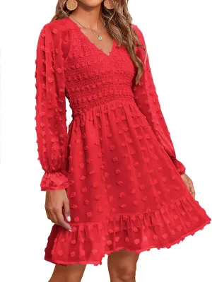 BTFBM Women Smocked Short Dress V Neck Long Sleeve Casual Swiss Dot Ruffle Chiffon Flowy Mini Summer Spring Dresses 2025
