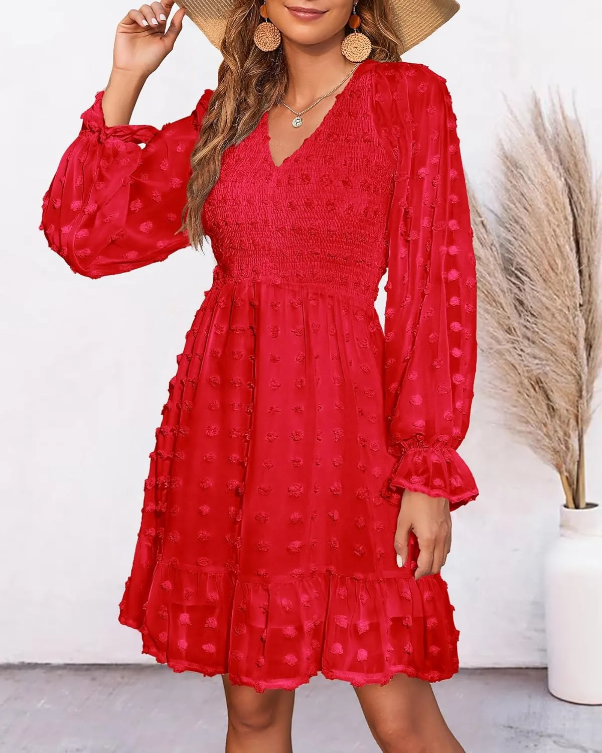 BTFBM Women Smocked Short Dress V Neck Long Sleeve Casual Swiss Dot Ruffle Chiffon Flowy Mini Summer Spring Dresses 2025