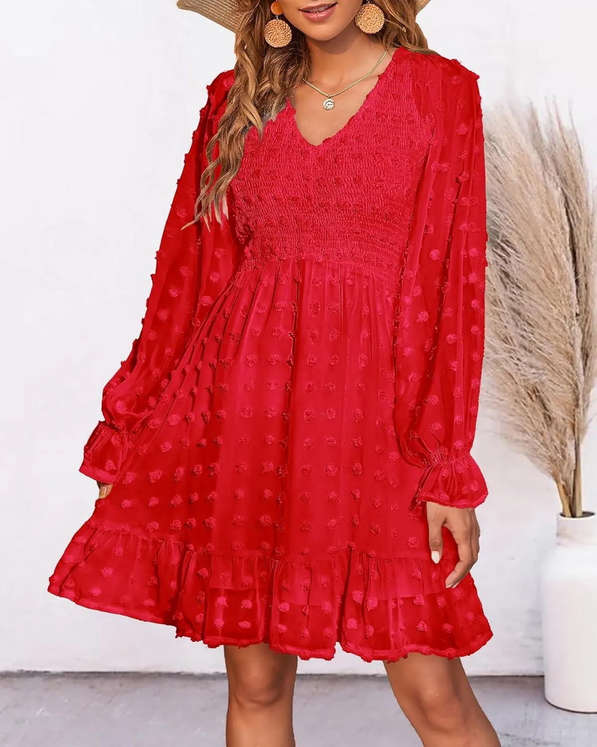 BTFBM Women Smocked Short Dress V Neck Long Sleeve Casual Swiss Dot Ruffle Chiffon Flowy Mini Summer Spring Dresses 2025