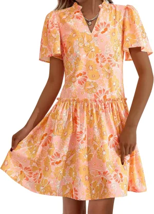 BTFBM Women Summer Dresses 2025 Short Sleeve V Neck Tiered Ruffle Boho Swing Dress A-Line Floral Mini Dresses