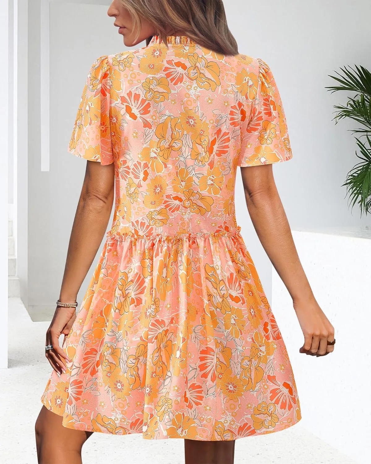 BTFBM Women Summer Dresses 2025 Short Sleeve V Neck Tiered Ruffle Boho Swing Dress A-Line Floral Mini Dresses