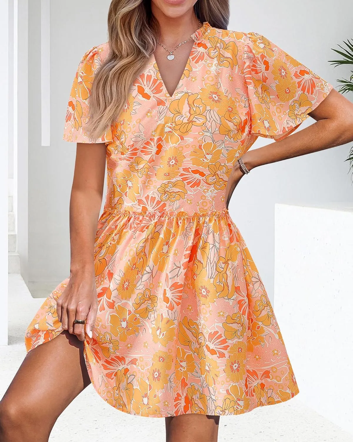 BTFBM Women Summer Dresses 2025 Short Sleeve V Neck Tiered Ruffle Boho Swing Dress A-Line Floral Mini Dresses