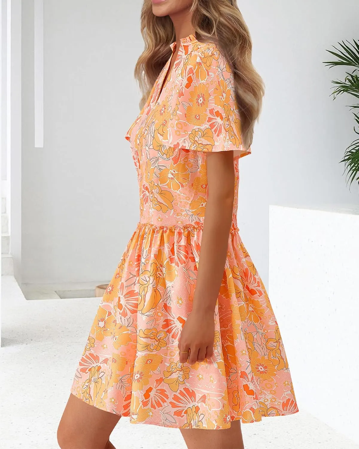BTFBM Women Summer Dresses 2025 Short Sleeve V Neck Tiered Ruffle Boho Swing Dress A-Line Floral Mini Dresses