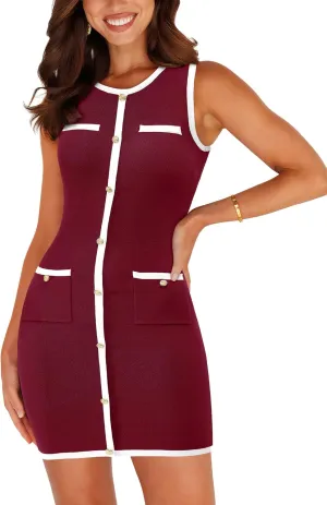 BTFBM Women's 2025 Summer Sweater Dress Sleeveless Ribbed Knit Bodycon Mini Dresses Solid Color Button Short Dress