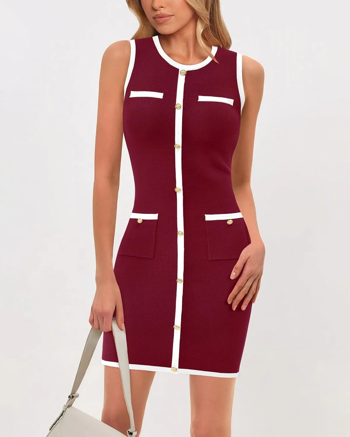 BTFBM Women's 2025 Summer Sweater Dress Sleeveless Ribbed Knit Bodycon Mini Dresses Solid Color Button Short Dress