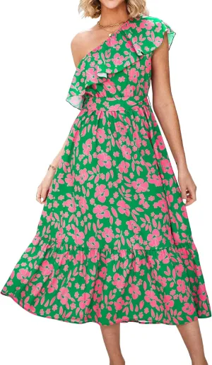 BTFBM Women's One Shoulder Maxi Dress Sleeveless Casual Summer Layered Ruffle Boho Floral Print Party Beach A-Line Dresses