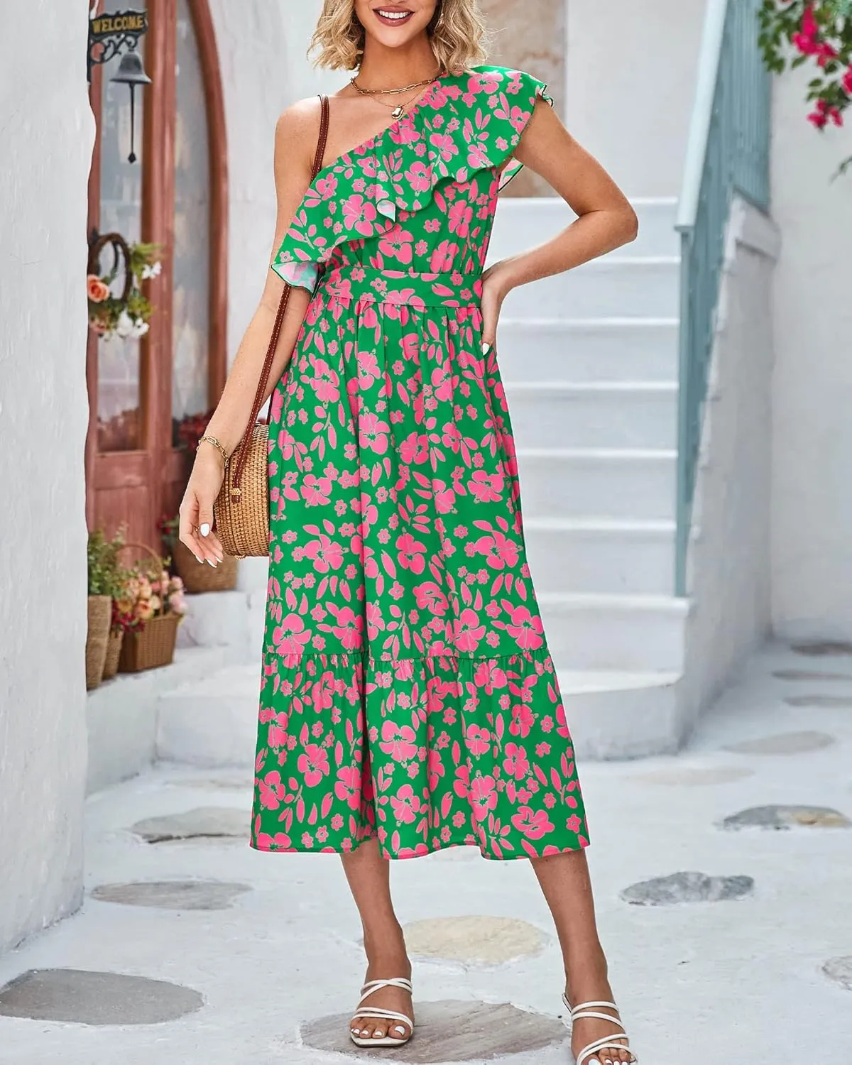BTFBM Women's One Shoulder Maxi Dress Sleeveless Casual Summer Layered Ruffle Boho Floral Print Party Beach A-Line Dresses