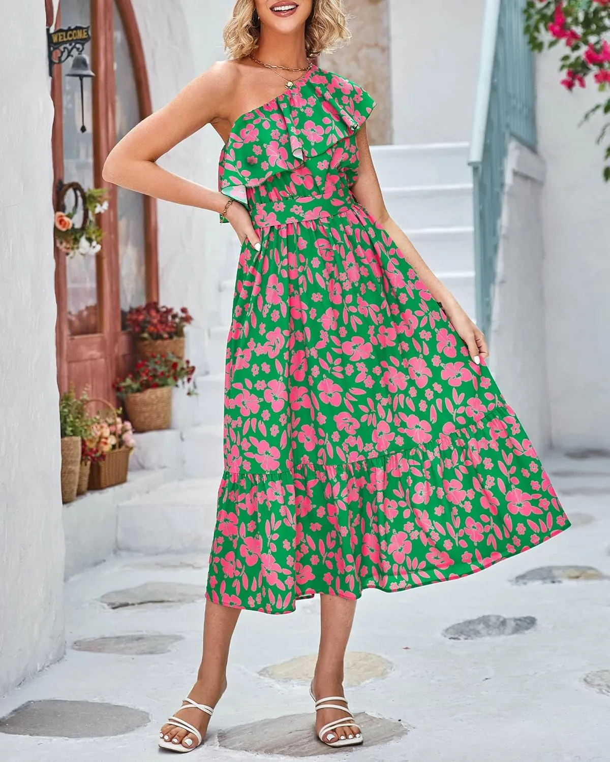 BTFBM Women's One Shoulder Maxi Dress Sleeveless Casual Summer Layered Ruffle Boho Floral Print Party Beach A-Line Dresses