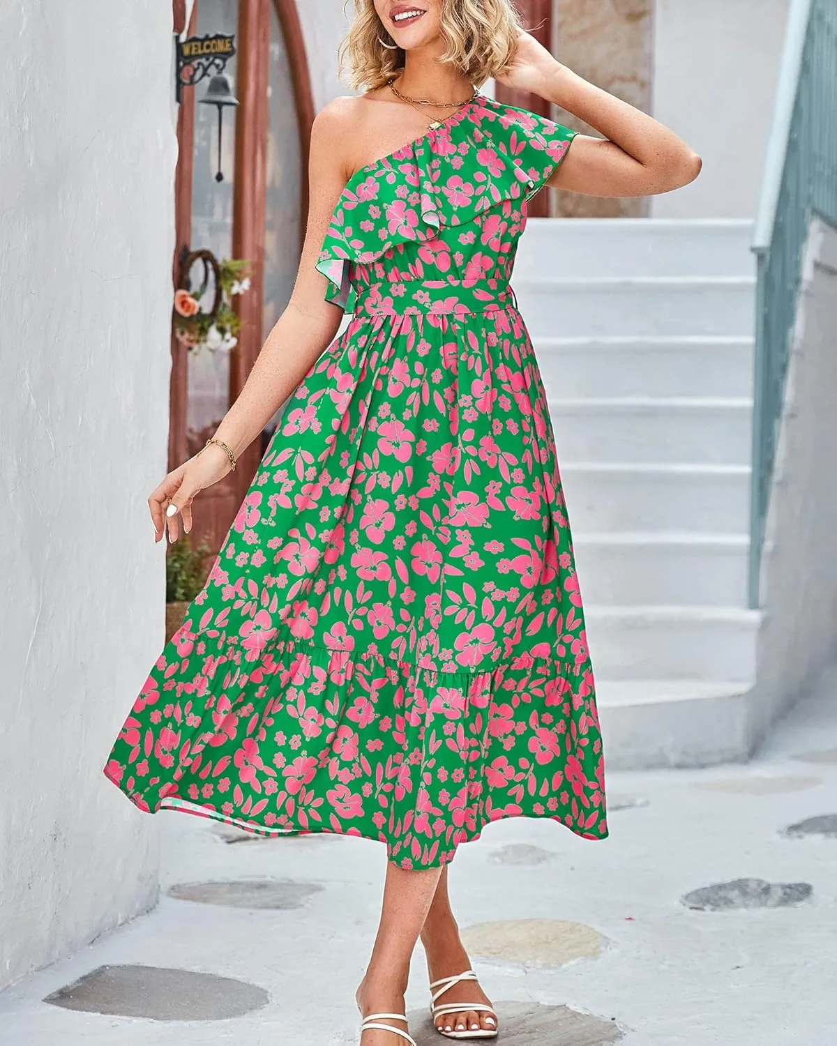 BTFBM Women's One Shoulder Maxi Dress Sleeveless Casual Summer Layered Ruffle Boho Floral Print Party Beach A-Line Dresses