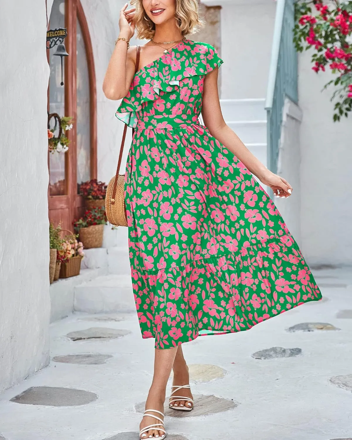 BTFBM Women's One Shoulder Maxi Dress Sleeveless Casual Summer Layered Ruffle Boho Floral Print Party Beach A-Line Dresses