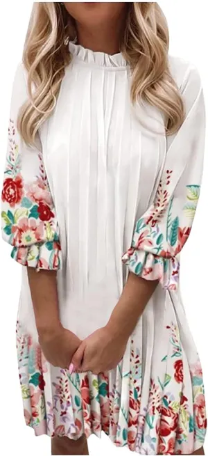 Casual Chiffon Mini Breathable Dresses Soft Women - Flower Long Sleeve Crew Neck Loose Ruffle Dress