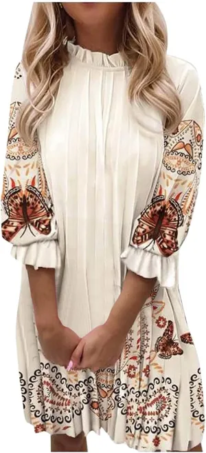 Casual Chiffon Mini Breathable Dresses Soft Women - Flower Long Sleeve Crew Neck Loose Ruffle Dress