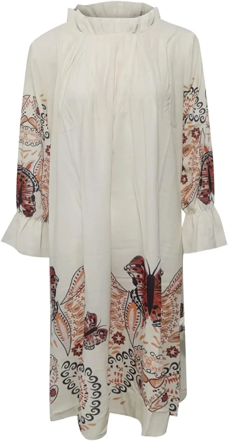 Casual Chiffon Mini Breathable Dresses Soft Women - Flower Long Sleeve Crew Neck Loose Ruffle Dress